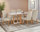 Conjunto Sala de Jantar Mesa Sintonia 160 Tampo Vidro Off White com 6 Cadeiras Rayla - Lopas