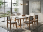 SALA DE JANTAR LONDRINA 180CM C/ VIDRO COM 6 CADEIRAS MADEIRA MACI&Ccedil;A SANTORINI CINAMOMO/OFF LINHO