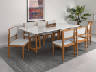 SALA DE JANTAR LONDRINA 220CM C/ VIDRO COM 8 CADEIRAS MADEIRA MACIÇA SANTORINI CINAMOMO/OFF LINHO