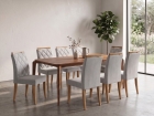 SALA DE JANTAR VENEZA 220CM LAMINADA COM 8 CADEIRAS MADEIRA MACIÇA BALI CINAMOMO LINHO