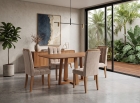 SALA DE JANTAR ISTAMBUL 135CM BARRIL S/VIDRO COM 4 CADEIRAS MADEIRA MACIÇA LONDRES CINAMOMO VELUDO