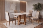SALA DE JANTAR BALI 120CM C/VIDRO COM 4 CADEIRAS MADEIRA MACIÇA LONDRES CINAMOMO/OFF VELUDO