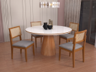 SALA DE JANTAR VIENA 100CM REDONDO C/VIDRO COM 4 CADEIRAS MADEIRA MACIÇA SANTORINI TELA CINAMOMO/OFF LINHO