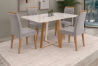 SALA DE JANTAR DALLAS 120CM C/VIDRO COM 4 CADEIRAS MADEIRA MACIÇA BALI CINAMOMO/OFF VELUDO