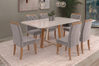 SALA DE JANTAR DALLAS 160CM C/VIDRO COM 6 CADEIRAS MADEIRA MACI&Ccedil;A BALI CINAMOMO/OFF VELUDO