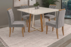 SALA DE JANTAR DALLAS 90CM C/VIDRO COM 4 CADEIRAS MADEIRA MACIÇA BALI CINAMOMO/OFF VELUDO