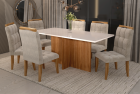 SALA DE JANTAR LOAS ANGELES 160CM C/VIDRO COM 6 CADEIRAS MADEIRA MACIÇA LONDRES CINAMOMO/OFF VELUDO
