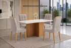 SALA DE JANTAR LOAS ANGELES 120CM C/VIDRO COM 4 CADEIRAS MADEIRA MACIÇA LONDRES CINAMOMO/OFF VELUDO