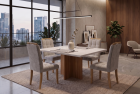 SALA DE JANTAR LOAS ANGELES 90CM C/VIDRO COM 4 CADEIRAS MADEIRA MACI&Ccedil;A LONDRES CINAMOMO/OFF VELUDO