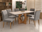 SALA DE JANTAR MADRID 160CM C/VIDRO COM 6 CADEIRAS MADEIRA MACIÇA MADRID CINAMOMO/OFF VELUDO