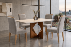 SALA DE JANTAR MADRID 120CM C/VIDRO COM 4 CADEIRAS MADEIRA MACIÇA MADRID CINAMOMO/OFF VELUDO