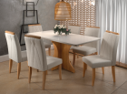 SALA DE JANTAR LONDRES 160CM C/VIDRO COM 6 CADEIRAS MADEIRA MACI&Ccedil;A SIENA CINAMOMO/OFF LINHO