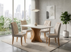 SALA DE JANTAR LONDRES 120CM C/VIDRO COM 4 CADEIRAS MADEIRA MACI&Ccedil;A SIENA CINAMOMO/OFF LINHO